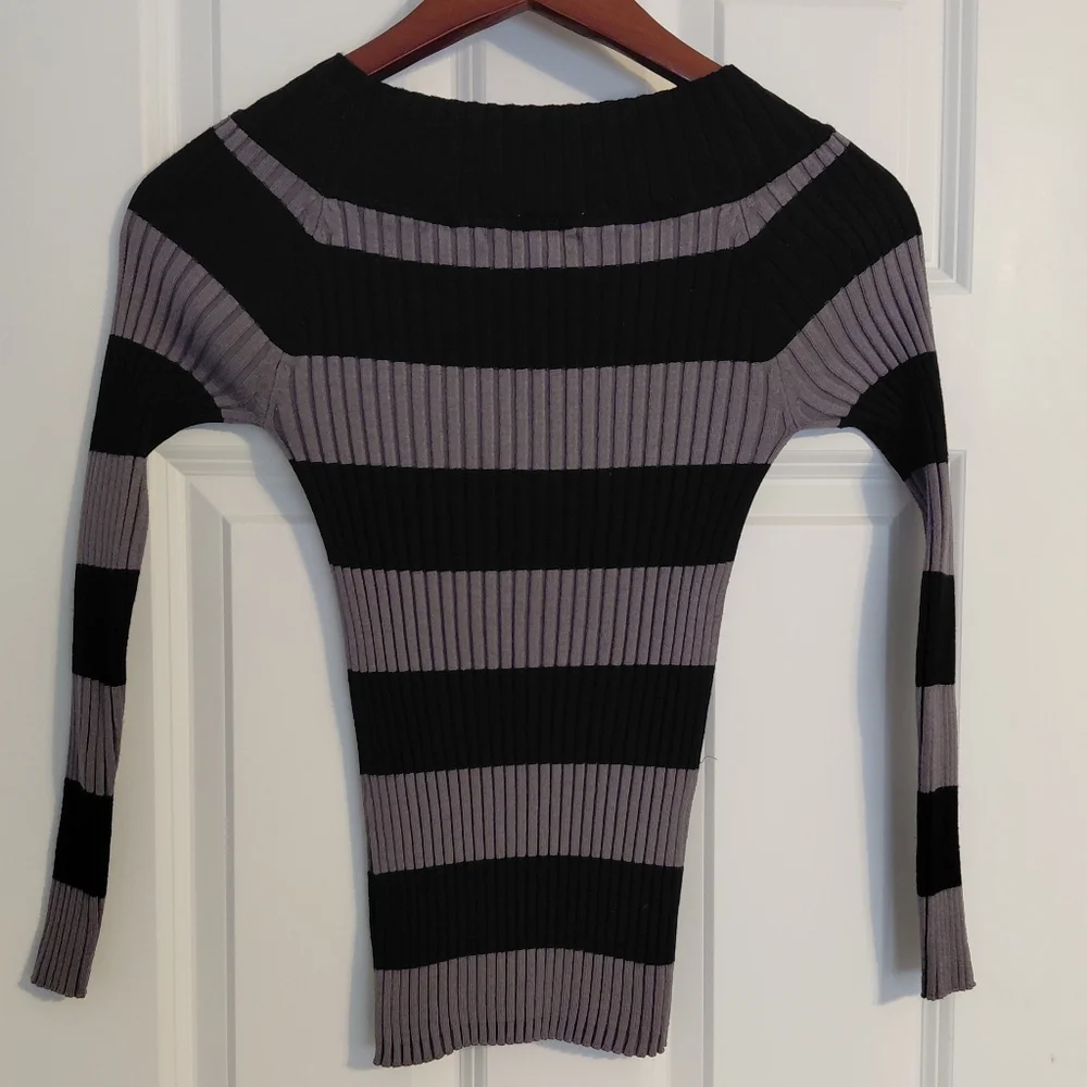 Striped Black and Gray Ribbed VNeck Sweater, Size M, Love By Design - Picture 3 of 3
